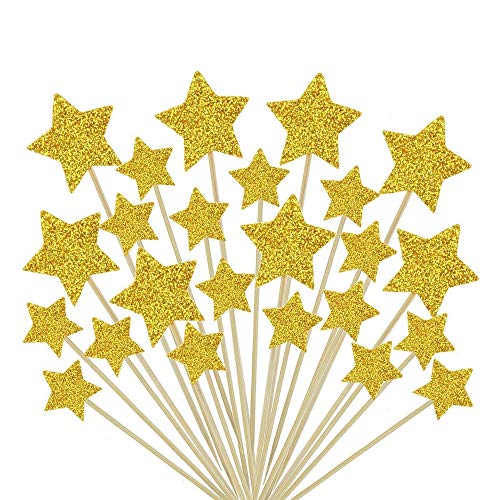 Hvogvok 72 pcs Cupcake Toppers, Twinkle Gold Star DIY Glitter Mini Birthday Cake Snack Decorations(Star)