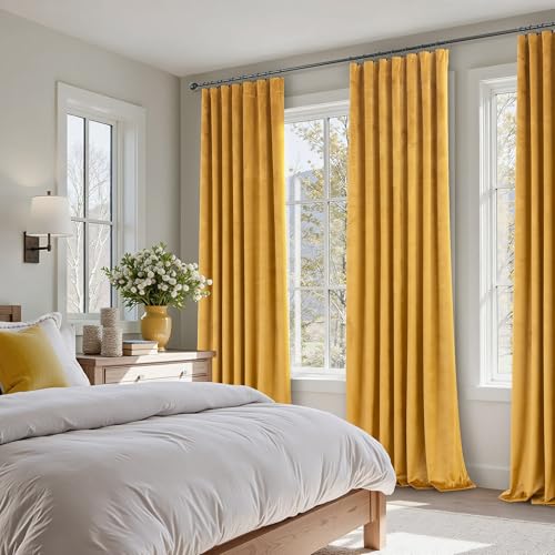 Image of Gold Velvet Curtains 96 Inch Long 2 Panel for Living Room Dining Area Soft Luxury Home Decor Thermal Insulated Dark Out Drape Privacy Darkening Curtain for Bedroom Vintage Wall Backdrop Golden Pumpkin