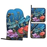 DJUETRUI Juego de 4 manoplas y soportes para ollas con estampado de libélula y flores, guantes de cocina de alta resistencia al calor y almohadillas calientes, antideslizantes, impermeables, para