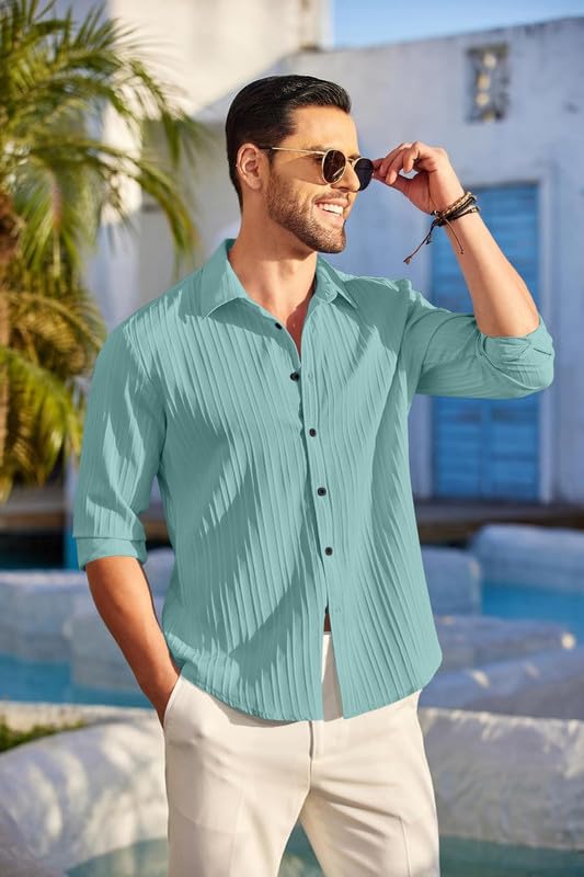 Image of FINIVO FASHION Men's Casual Cotton Plain Button Down Shirt Long Sleeve Textured Summer Beach Shirt for Men Turquise