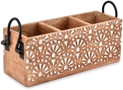 Mango Wood Cutlery Caddy - 3 Compartment Utensil Holder, 11" X 4" X 4.5", Countertop Organizer