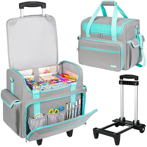 Bolsa de artesanato com rodinhas para materiais de scrapbook, bolsa grande para scrapbook com capa para laptop de 15,6 polegadas, bolsa de armazenamento de suprimentos de arte rolante para ferramentas