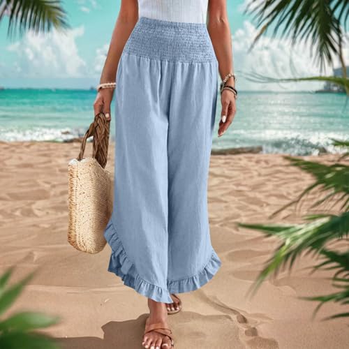 Wide Leg Pants Woman,High Waisted Flowy Pants for Women Ruffle Hem Cropped Elastic Waist Beach Office Boho Trousers2