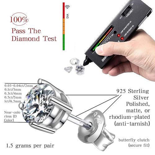 Image of Moissanite Stud Earrings for Men Women, 925 Sterling Silver 18K White Gold Plated, 1CT 6.5mm Round Cut, VVS1 D Color (0.6-2ct)