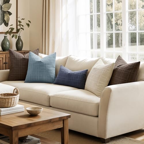 Image of MIULEE Decorative Linen Check Throw Pillow Covers Neutral Farmhouse Vintage Pillow Covers 20x20 Set of 2 Boho Modern Home Decor for Sofa Couch Bedroom Cushion Navy Blue