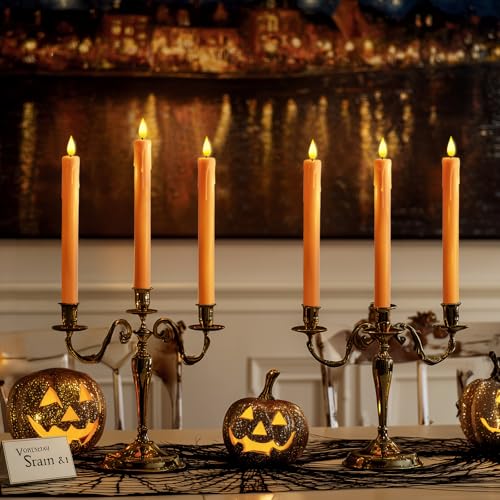 Image of Homemory 6 Pcs Orange Flameless Taper Candles with Remote, Timer, Dimmer, Battery Operated CandleSticks with Flickering Light, Plastic Led Window Candles, for Halloween Decoration 9.6 Inches