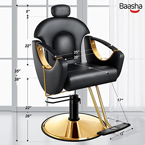 Baasha Barber Chair Reclining Hair Salon Chair, All Purpose Gold Salon Chair For Hair Stylist, 360 Degrees Rolling Swivel Styling Chair, Shampoo Chair Tattoo Chair - Black #TOP6