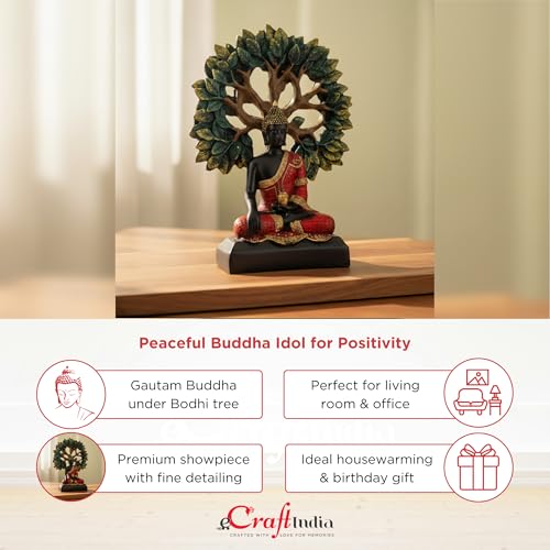 Image of eCraftIndia Lord Buddha Idol for Home Decor Living Room | Gautam Buddha Statue Under the Bodhi-Tree | Showpiece Gift for Housewarming Birthday