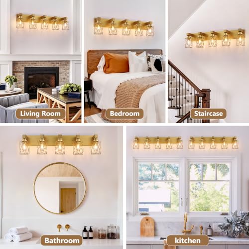 Image of Bathroom Light Fixtures, 5 Light Brushed Gold Wood Vanity Lights