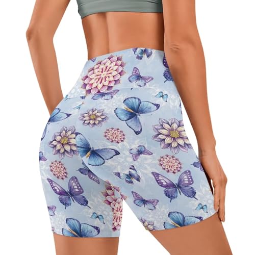 NRBEAWD Women's High Waisted Cycling Shorts Boho Flower Butterfly Shorts Tummy Control Non See Through Workout Athletic Running Yoga Leggings with Pockets