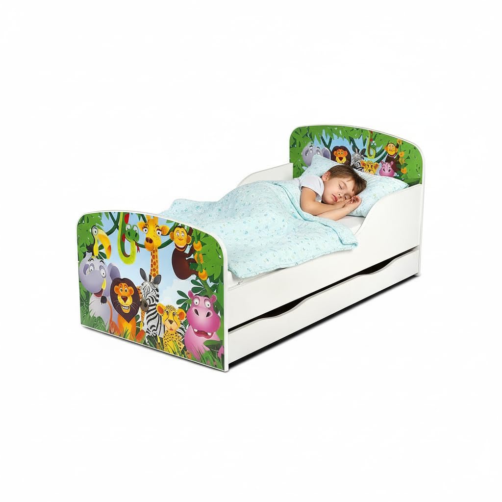 leomark Letto per bambini in legno, cassetto e materasso, rete a doghe, mobili per bambino, magnifiche stampe, dimensioni del materasso 140 x 70 cm, colore bianco con motivo: GIUNGLA