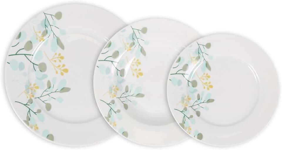 Vajilla Completa de Porcelana Decorada con Flores – 18 Piezas (6 Platos Llanos 24cm, 6 Hondos 21,5cm y 6 de Postre 19cm) – Diseño Natural y Elegante
