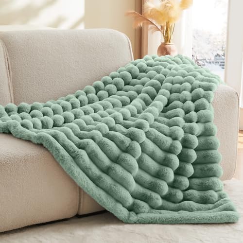 Image of BEDELITE Faux Fur Throw Blanket for Couch, 770GSM, 60 inch x 80 inch, Sage Green | Soft and Cozy Luxurious 3D Striped Fluffy Blanket, Warm Plush Fuzzy Faux Rabbit Fur for Women Gift, Stylish Room Decor