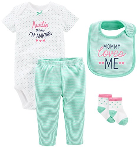 Simple Joys by Carter's Baby Girls' 4-Piece Bodysuit, Pant, Bib and Sock Set, Mint Auntie, 3-6 Months