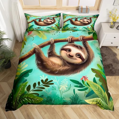 Erosebridal Cartoon Sloth Duvet Cover Leaf Plant Comforter Cover Lovely Animal Bedding Set Kids Teens Boys Girls Quilt Cover,Room Decor 3 Pcs Bedding Set (1 Duvet Cover 2 Pillow Cases) King
