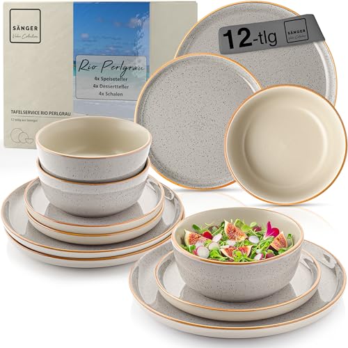 SÄNGER VALUE COLLECTION Rio Service de table 12 pièces en faïence pour 4 personnes, 4 assiettes plates, 4 assiettes à dessert, 4 bols et bols gris, collection Value SÄNGER VALUE COLLECTION Rio Service de table 12 pièces en faïence pour 4 personnes, 4 assiettes plates, 4 assiettes à dessert, 4 bols et bols gris, collection Value