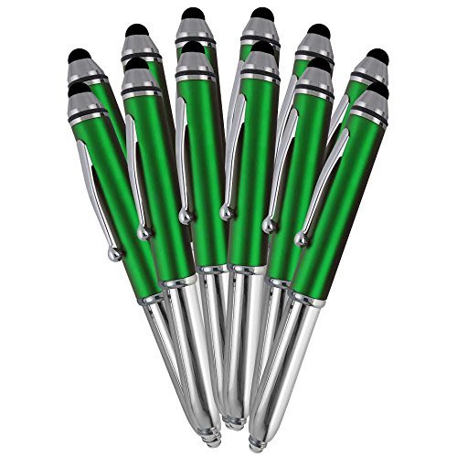 SyPen Stylus Pen for Touchscreen Devices, Tablets, iPads, iPhones, Multi-Function Capacitive Pen with LED Flashlight, Ballpoint Ink Pen, 3-in-1 Pen, 10PK, Green