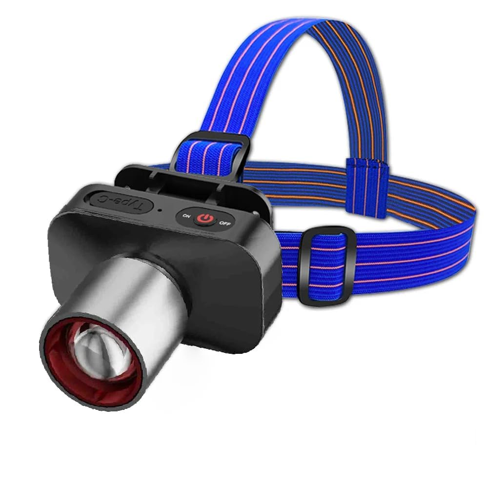 Super Bright Rechargeable LED Zoom Headlamp – 3 Modes (Strong/Weak/SOS), Telescopic Zoom Head Torch, 1200mAh Battery, Type-C USB Charging, Outdoor Headlight for Camping, Hiking, Cycling