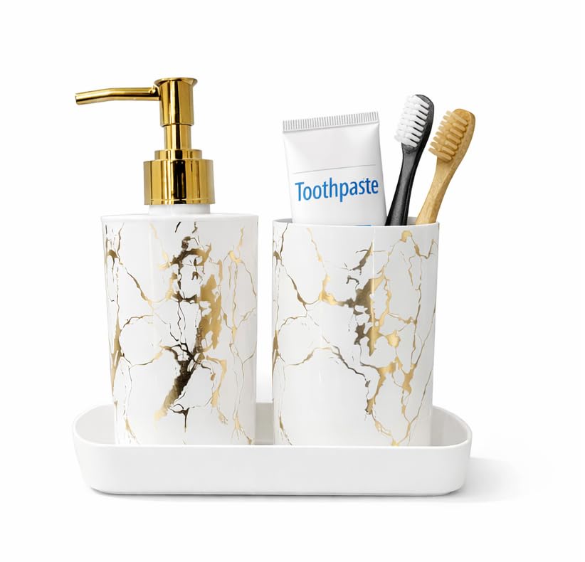 LAGET® 2-in-1 Plastic Bathroom Accessories Set with Soap Dispenser & Toothbrush Holder | Liquid Hand Wash Pump & Brush Stand with Tray | Sink Countertop Organizer for Bathroom & Kitchen-image-10