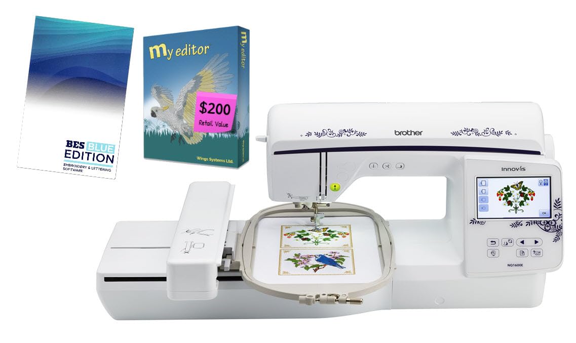 Brother NQ1600E Embroidery Machine, 6" x 10" Field Size, Includes BESBlue Lettering Software + Brother Magnetic SAMF180 Hoop + Bonus iShopTops MyEditor Software