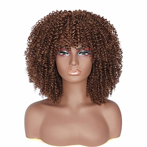 PORSMEER Curly Afro Wigs for Black Women Short Kinky Curly Wigs with Fringe Premium Synthetic Hair Full Fluffy Brown Wig for Ladies Daily Wear or Cosplay Party,14inch - Image 2