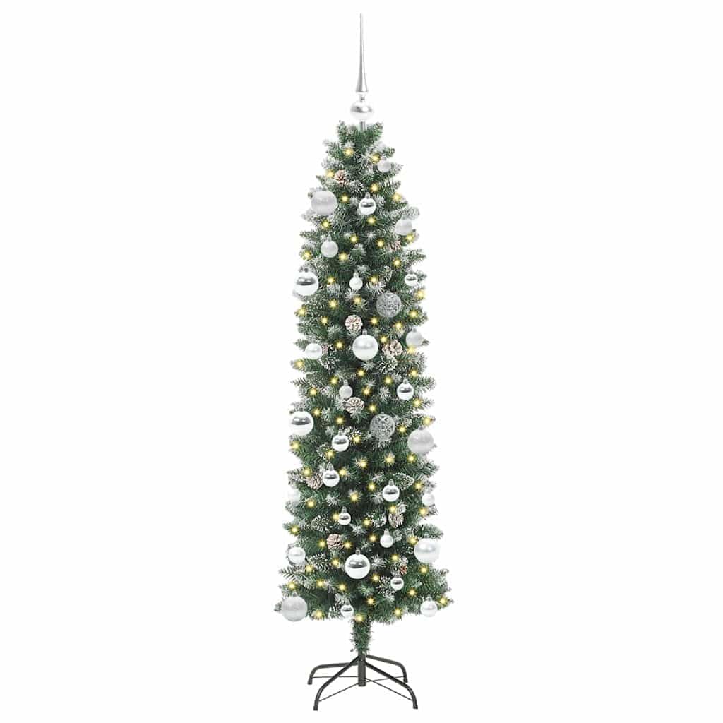 Albero di Natale artificiale sottile verde e bianco 150 cm con 150 LED bianco caldo, 8 modalità, punte in PVC, alimentate USB, per interni ed esterni protetti, decorazione festiva