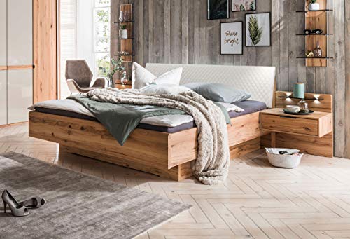 WIEMANN Livorno Bett, Doppelbett, Bettgestell 180 x 200 cm, Astkern Buche, Futonbett, Komforthöhe, schwebend, Kopfteil gepolstert, creme, gesteppt
