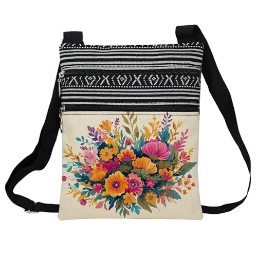 Colorful Flower Messenger Bag Small Ethnic Pattern Printed Adjustable Strap Crossbody Zipper Bag Colorful Flower Phone Bag Wallet Cute Shoulder Handbag for Women Friends -9