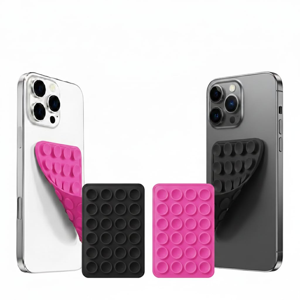Double-Sided Silicone Suction Phone Grip – Universal Adhesive Hands-Free Mount for Mirror, Glass & Gym – Non-Slip 24-Cup Mat Holder for iPhone, Samsung & Android (Black) (Black & Pink)-image-36