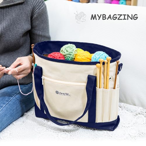 Image of MYBAGZING Canvas Yarn Storage Organizer Bag Washable Crochet Bag with Pockets for Yarn, Hooks, Needles - Travel Knitting Tote for Crafters - Gift for Crocheters & Knitters (Medium /Large)