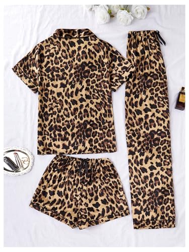 WDIRARA Women's 3 Piece Leopard Pajama Set Short Sleeve Button Down Shorts Pants Pjs Sleepwear2