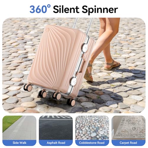 Image of Carry On Luggage, Hardside Zipperless Suitcase, Light Pink, 20 in | Airline Approved, Aluminum Frame, TSA Lock, 360Spinner Wheels, PC, Charger Port, Cup and Phone Holder, Side Hook