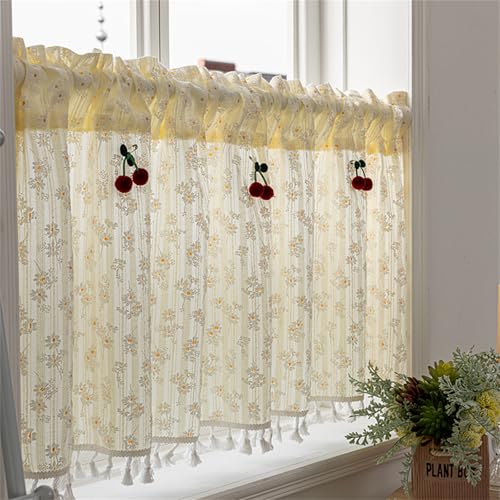 champracer Visillo estilo rústico, cortina corta beige efecto ganchillo, cortina bohemia para ventana, de algodón con borlas, para habitaciones de café (1 silla, 140 x 50 cm)
