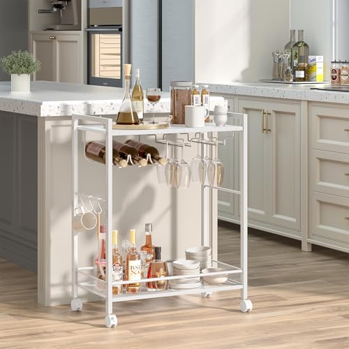 Image of Joaxswe Bar Cart,2-Tier Home Bar Serving Cart with Lockable Wheels,White