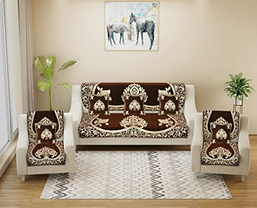 Image of Velvet Sofa Cover with Cushion Covers Set of 5 Seater - Premium Sofa Covers 3 Seater and 2 Seater Full Cover Set for Couch Seat - Heavy Fabric Sofa Slip Back Protector, 2701 Brown