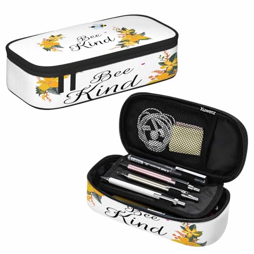 Image of Bee Pencil Case Cute Bee Kind Yellow Flower Bunches Pencil Bag Pen Markers Pouch Holder Organizer for Boy Girl School Students