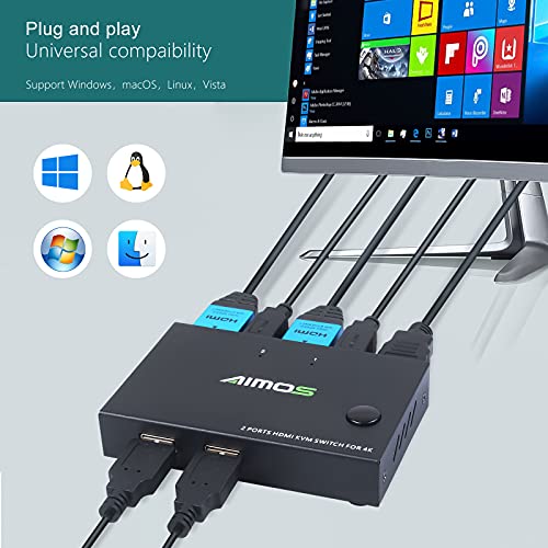 Image of KVM Switch 2 Ports, USB HDMI Switcher Box 2 In 1 Out For 2 Computers Share Keyboard, Mouse And Monitor Support 4K@30Hz for Laptop, PC With Windows /Linux /Mac System, With 2x USB, 1x HDMI Cable