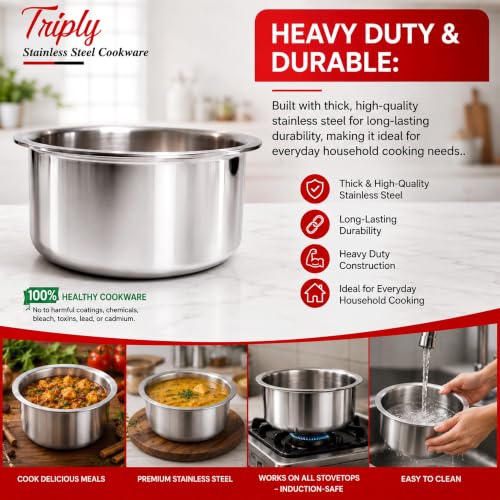 Image of Triply Stainless Steel Tope, Induction and Gas Stove Compatible, Heavy Duty Cookware Patila, 14 cm, Even Heat Distribution, Ideal for Boiling Milk, Cooking Rice, Dal and Everyday Use