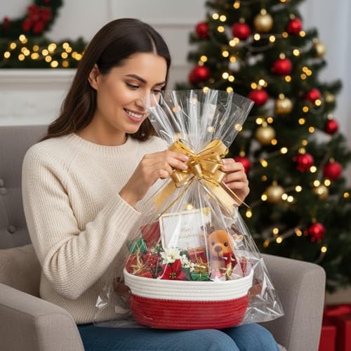 Image of Colingmill 3 Pack Easter Small Woven Basket for Gifts with Handles Clear Bags and Ribbons Empty Storage Basket Decorative Chest Box for Easter Wedding Present(White and Red,12 inchx 8 inchx 5 inch)