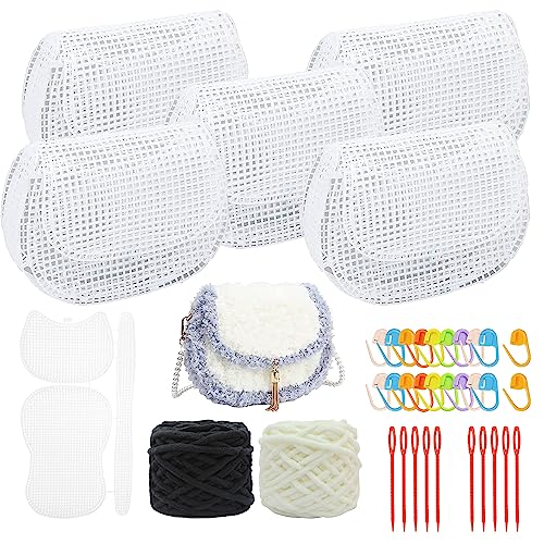 Allazone Lot de 37 feuilles de toile en plastique transparent pour broderie, feuilles en maille plastique avec fil acrylique 2 couleurs pour sac de couture