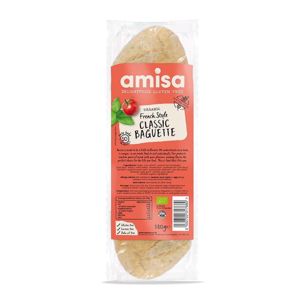 Amisa Organic Gluten-Free French Style Classic Baguette,180g - High in Fibre & Vegan-Friendly