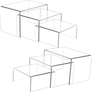 Ouskr 6 Pcs Acrylic Risers for Display, Acrylic Display Riser, Clear Display Stands for Shelf Dessert Cupcake Candy Food Tabletop Collectibles Product Bar Action Figure Jewelry Showcase (3- 4- 5 IN)