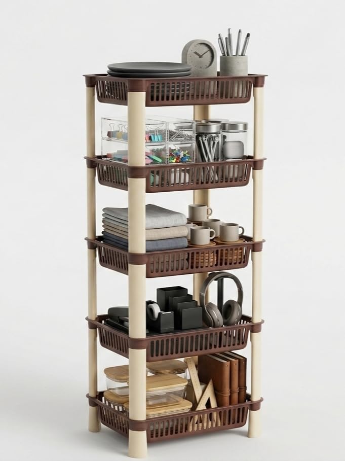 Image of U-Max Multi Tire Kitchen Storage Rack, Plastic Utility Shelf Organiser, Space Saving Storage Solution, Revolving Vegetable Rack (Brown-Regular, 5)