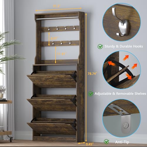 Shoe Cabinet with 3 Flip Drawers & Coat Rack, Narrow Hidden Shoe Storage Cabinet, 2-in-1 Hall Tree Slim Freestanding Shoe Rack Organizer for Entryway, Hallway, and Living Room