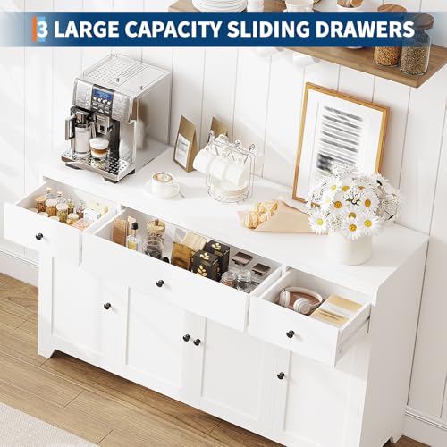 55" Sideboard Buffet Cabinet with Storage, Coffee Bar with Adjustable Shelves, 3 Drawers and 4 Minimalist Doors, Long Storage Cabinet for Kitchen, Dining Room, Living Room- White