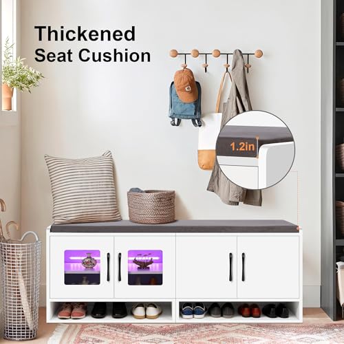 vellaniq Shoe Bench with Thickened Cushion,Entrance Bench with Glass Door and Ambient Light,Three-Layer Shoe Rack,Color Changing Light Strip, Two Large Storage Spaces,Living Room,Bedroom,White - image 5