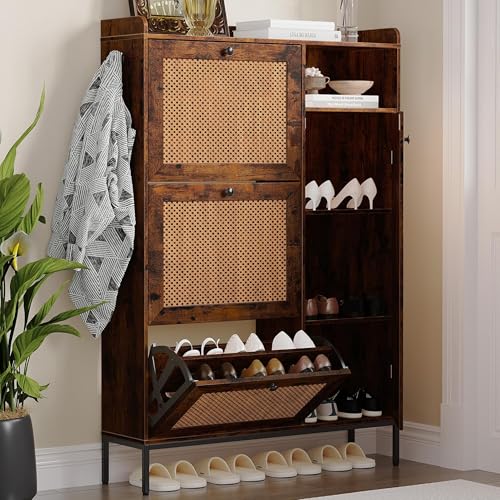 GarveeMore Zapatero Vintage de Madera con Diseño de Puertas de Ratán, 3 Cajones Volcables y Armario de Entrada de 3 Niveles, Capacidad para Todo Tipo de Calzado, Patas Metálicas Altas, Color Vintage