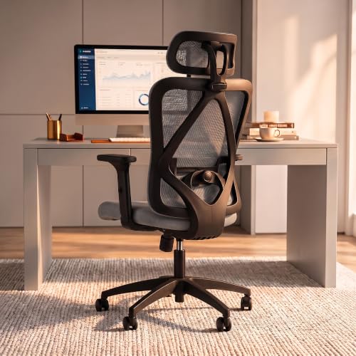Image of DROGO Ergonaut Ergonomic Office Chair for Work from Home | Computer Chair with 2D Headrest, Armrests & Adjustable Lumbar Support | Breathable Mesh with 120 Recline, 1-Year Warranty (Grey & Grey)