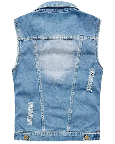 Image of ebossy Men's Ripped Distressed Denim Vest Sleeveless Button Up Jean Vest Jacket (Medium, Light Blue)