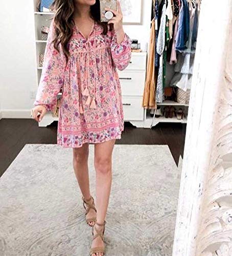 R.Vivimos Womens Long Sleeve Floral Casual Print Cotton Mini Tunic Dress (Medium, LightPink)